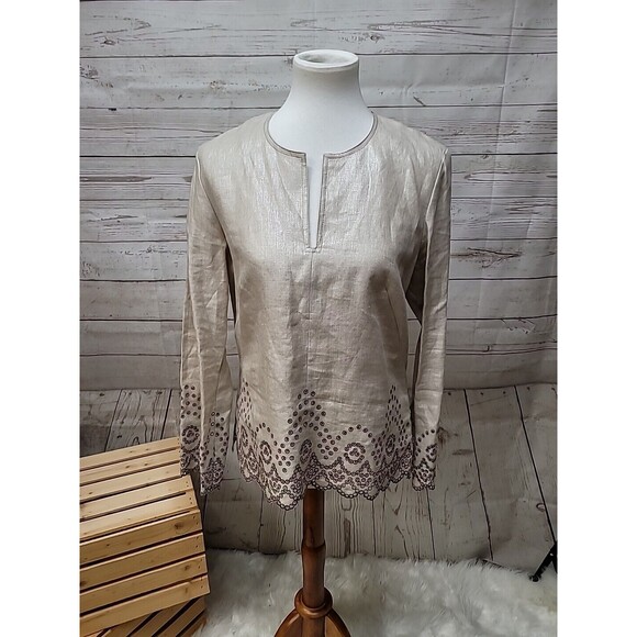 Talbots 100% Linen Top Womens‎ 8 Beige Embroidered Eyelet Trim Boho Long Sleeve - Picture 1 of 10
